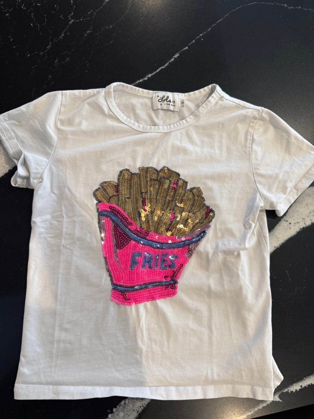 Lola + The Boys White Tee with Gold & Hot Pink Sequin Fries Motif